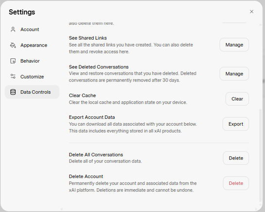 Grok Settings - Delete All Conversations button