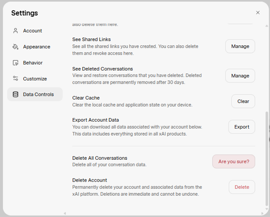Grok Settings - Are you sure? confirmation